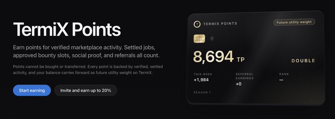 Screenshot of a 'TermiX Points' dashboard showing 8,694 TP with options to 'Start earning' or 'Invite and earn up to 20%'.