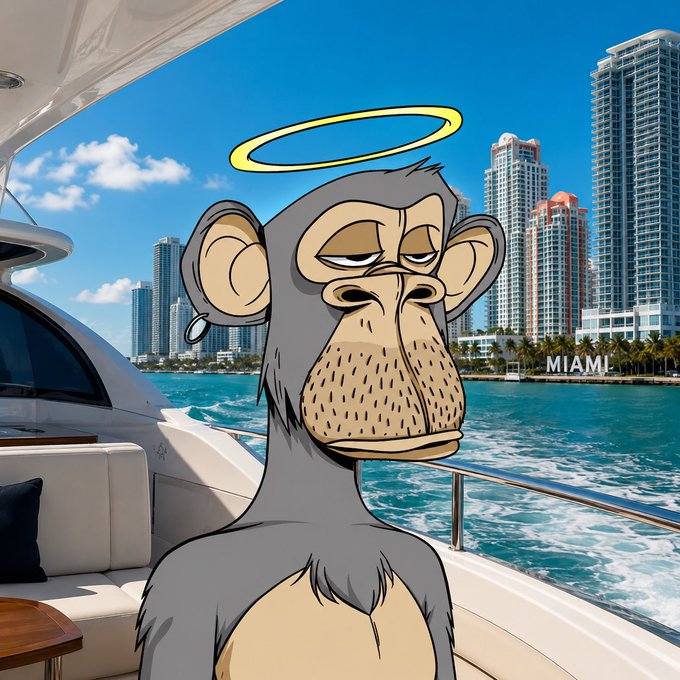 A stylized illustration of a bored-looking cartoon monkey with a golden halo, sitting on a luxurious yacht with the Miami city skyline and blue water in the background.