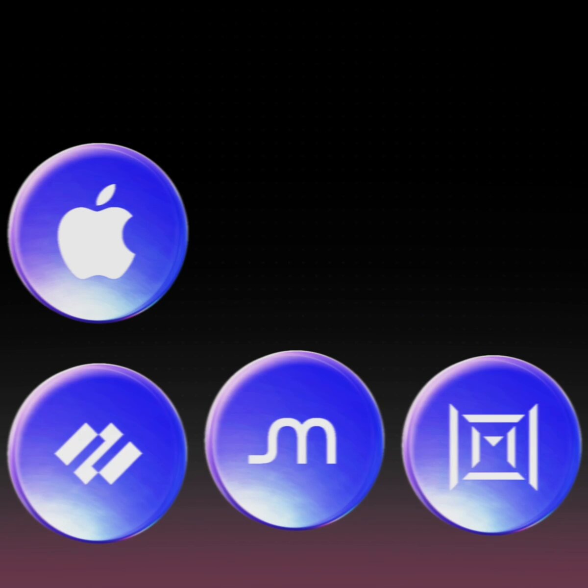 The image features a collection of four blue buttons, each displaying an apple logo at different positions within the circle. The first button has the Apple logo positioned at the top left corner, while the second button has the Apple logo placed slightly below the top left corner. The third button is located in the bottom right corner and displays the Apple logo above the bottom edge of the circle. The fourth button is situated in the bottom center of the circle and features the Apple logo directly below the bottom edge. These buttons are part of a larger image that also includes text, likely providing information about the Ledger Wallet app or related financial services.