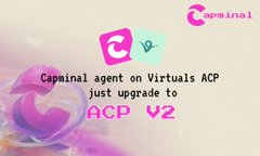 A promotional graphic with a gradient background featuring the 'Capminal' logo and text stating 'Capminal agent on Virtuals ACP just upgrade to ACP V2.'