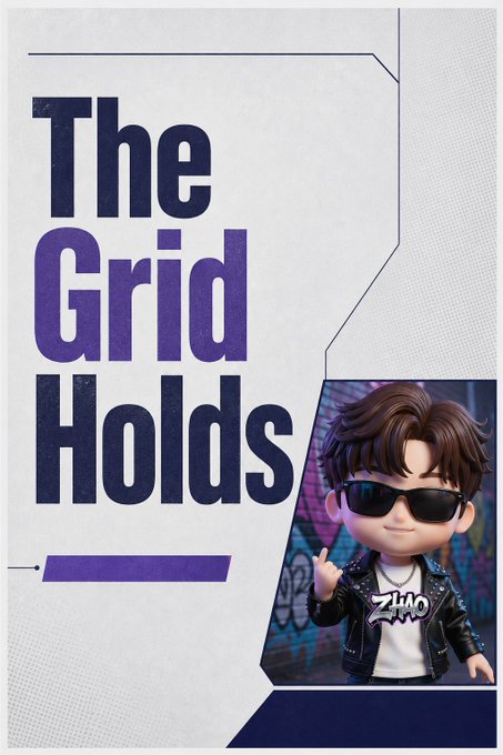 A promotional graphic with the text 'The Grid Holds' features a cartoon avatar of a person wearing sunglasses and a 'ZHAO' shirt.