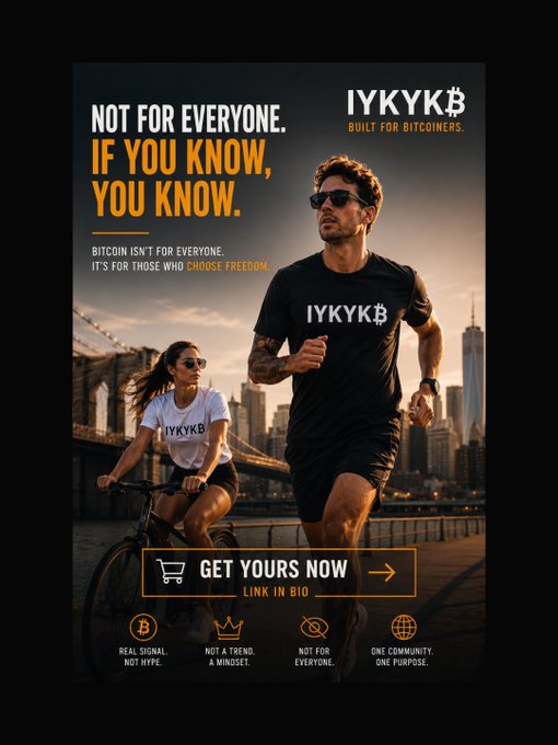 Advertisement for 'IYKYK' (Built for Bitcoiners) clothing brand with text 'NOT FOR EVERYONE. IF YOU KNOW, YOU KNOW' showing models wearing branded apparel against a city skyline.