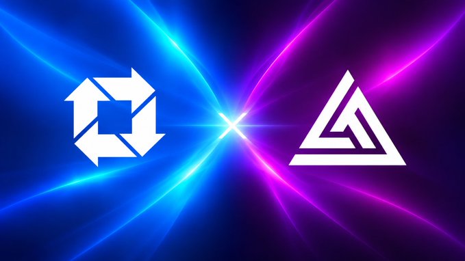 A graphic image featuring two white logos (a circular swap/exchange symbol on the left and a triangular symbol on the right) set against a vibrant blue and pink cosmic background.