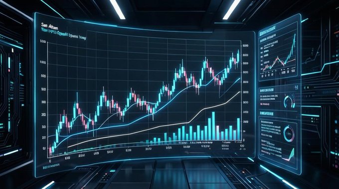 A futuristic, glowing blue digital display showing a financial candlestick and bar chart with moving averages, set within a high-tech interface.