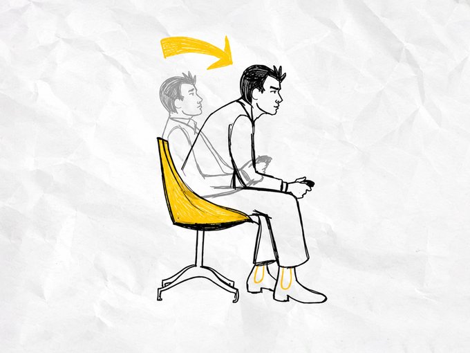 A hand-drawn illustration on a crumpled paper background shows two men on a yellow chair with an arrow indicating poor posture, illustrating the negative effects of slouching on a person sitting in an office chair.