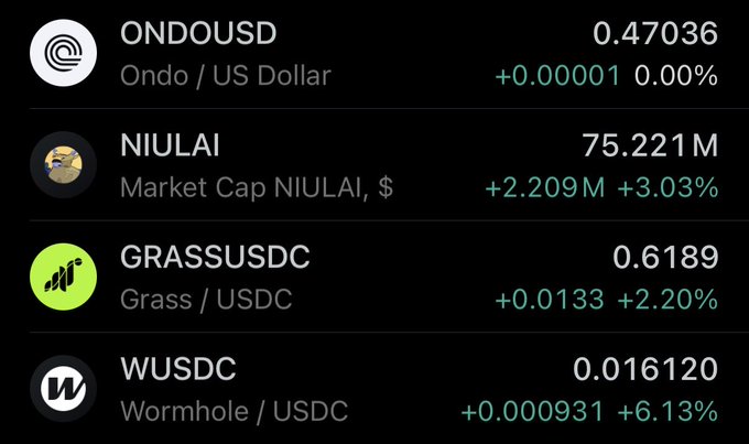 A screenshot displays cryptocurrency price data for ONDOUSD (Ondo/US Dollar) at $0.47036, NIULAI with a market cap of $75.221M (+3.03%), GRASSUSDC (Grass/USDC) at $0.6189 (+2.20%), and WUSDC (Wormhole/USDC) at $0.016120 (+6.13%). The post's caption about taking "Hail Marys" on a "basket of coins" is reflected in this collection of altcoins, including obscure picks like Grass and Wormhole alongside more recognized names like Ondo.