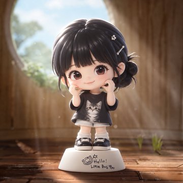 A chibi-style figurine of a girl with black hair wearing a cat-print sweater, displayed on a base that reads 'A Little Day is all we need'.