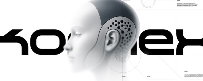 A futuristic graphic shows a white 3D model of a human head in profile with a perforated section at the ear, set against the partially visible text 'KO...EX'.