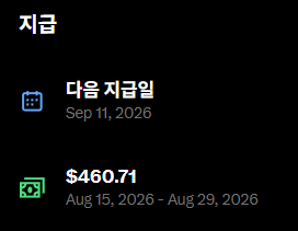 A mobile app screen displays a payment section in Korean with '다음 지금일' for Sep 11, 2026, and a balance of $460.71.