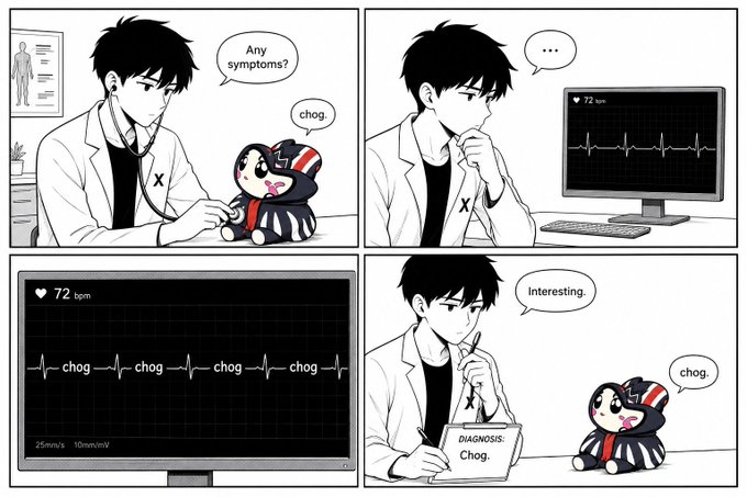 A four-panel black-and-white comic showing a doctor examining a penguin plush toy; the heart monitor displays '72 bpm' with 'chog' sounds, leading to a diagnosis of 'Chog.'