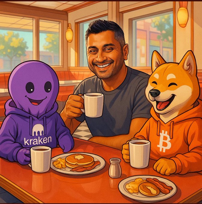 An illustrated scene shows a smiling man having breakfast at a diner with a purple 'kraken' character and a Shiba Inu dog in an orange Bitcoin hoodie, all gathered around plates of pancakes and bacon.
