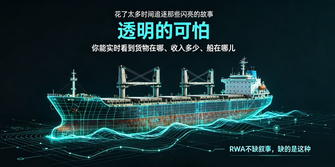 A digital render of a cargo ship in glowing wireframe over dark water with Chinese text including '透明的可怕' (transparent and terrifying), highlighting concerns about real-time tracking of cargo and income.