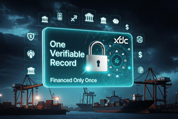 A promotional graphic featuring a glowing blue lock icon with 'One Verifiable Record, Financed Only Once' text and 'XDC' logo, set against a dark port background with shipping cranes and containers.