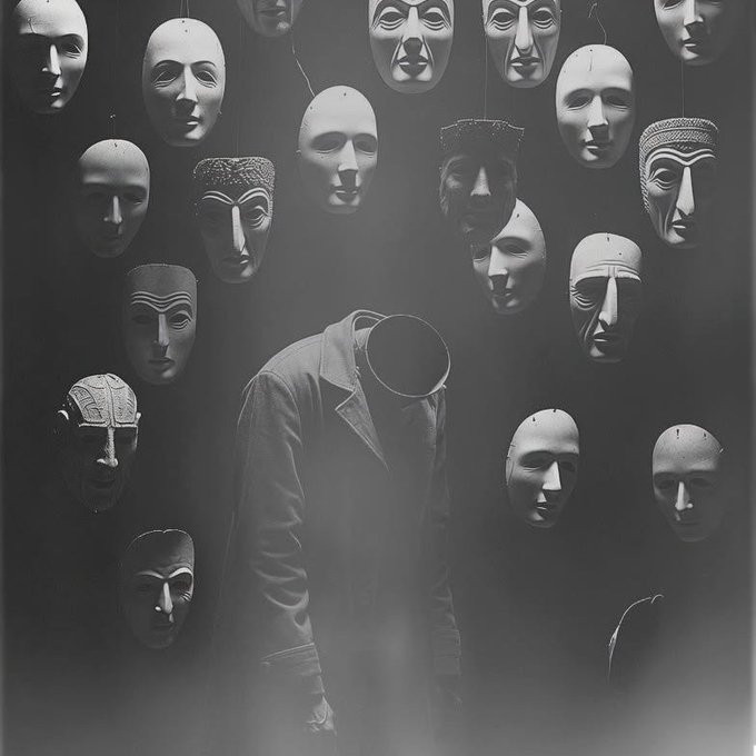 A black and white artistic image showing a faceless figure in a coat surrounded by numerous hanging masks with varied expressions.
