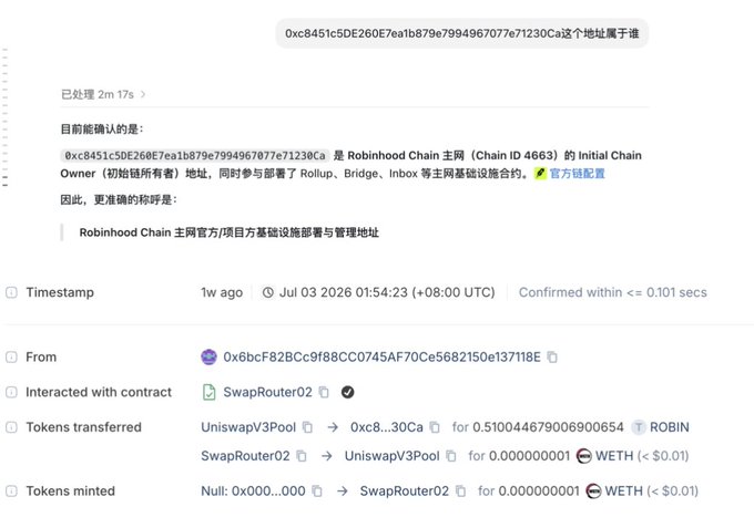 A blockchain transaction details page (in Chinese) showing that address 0xc8451c5DE260E7ea1b879e7994967077e71230Ca is the Initial Chain Owner of Robinhood Chain (Chain ID 4663), with a Uniswap V3 swap involving ROBIN and WETH tokens.