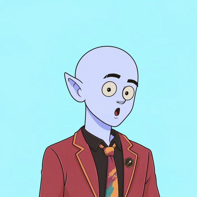 A cartoon character with pale blue skin, pointed elf-like ears, and a surprised expression, wearing a red blazer over a black shirt and a colorful tie.