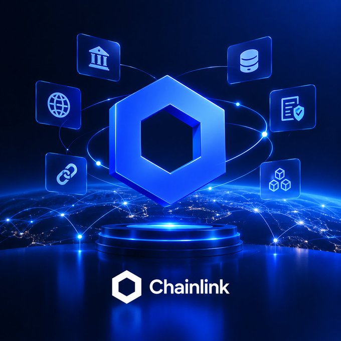 Promotional graphic for Chainlink, featuring the Chainlink name and hexagonal logo surrounded by floating icons representing various services like banking, data, and blockchain, set against a blue technological background.