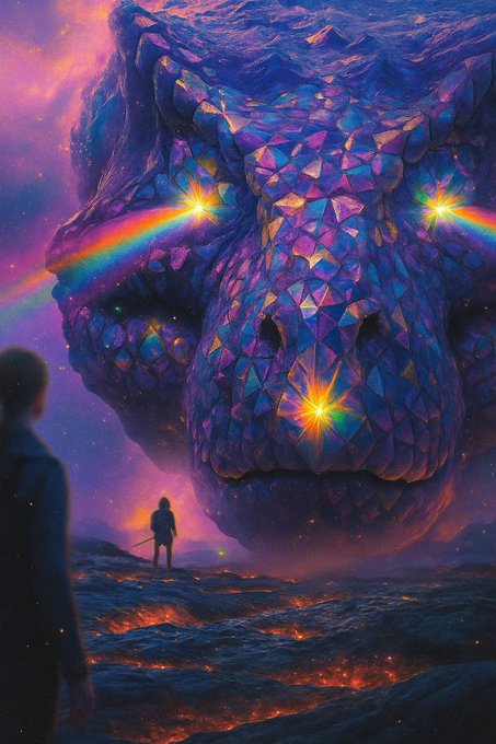 A fantasy digital illustration shows a figure with a sword facing a giant, multifaceted crystalline skull emitting rainbow light from its eyes against a cosmic, colorful background.
