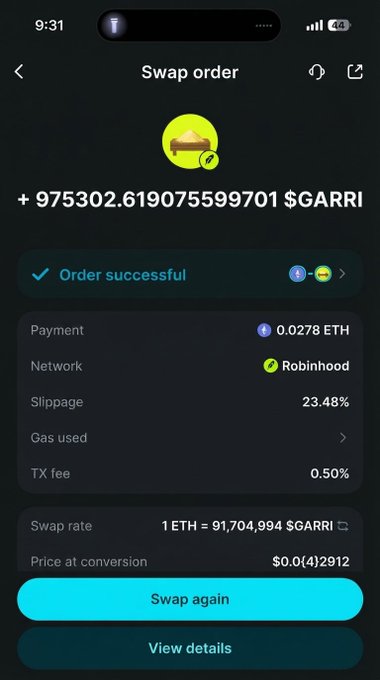 A mobile screen displays a successful cryptocurrency swap order for 975,302.619075599701 $GARRI tokens, paid with 0.0278 ETH on the Robinhood network.