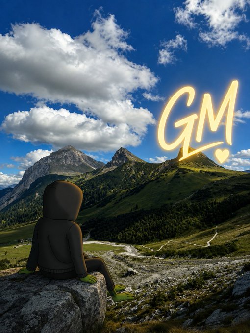 A person wearing a hoodie sits on a rock overlooking a green mountainous landscape under a cloudy blue sky, with glowing 'GM' text and a heart symbol overlaid in the sky.