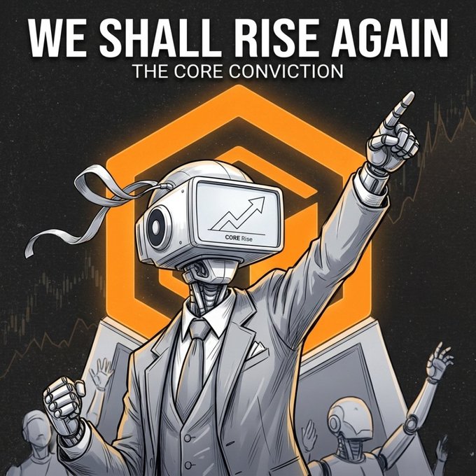 A stylized illustration with the text 'WE SHALL RISE AGAIN - THE CORE CONVICTION' featuring a robot in a suit with a TV-like head displaying a rising chart labeled 'CORE Rise', pointing upward with one hand.