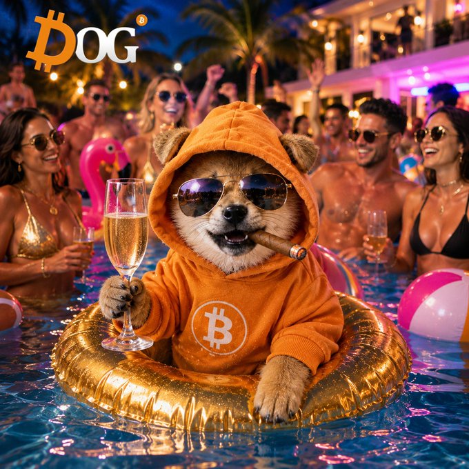 The image features a dog wearing an orange hoodie, sunglasses, and holding a glass of champagne while floating in a pool surrounded by people. The caption reads "Market can do whatever. I'm with $DOG." This suggests that the scene is related to a humorous or satirical context, possibly referencing Bitcoin or a similar digital currency.