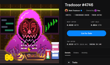 Screenshot of an NFT marketplace listing for 'Tradooor #4746' owned by 'Rakt Tradooor', showing best offer of 0.0520 ETH and last sale of 0.0514 ETH, featuring pixel art of a purple-hooded figure with a red face in front of trading charts.