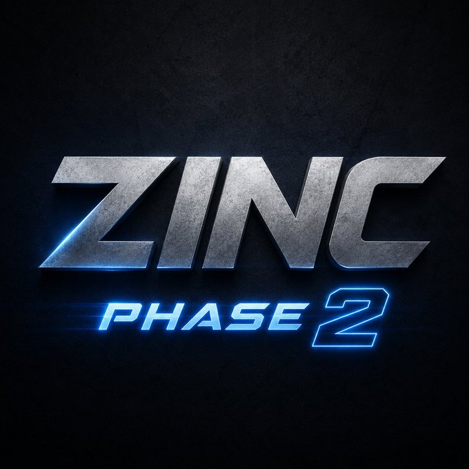 A promotional graphic featuring metallic silver text reading "ZINC" with a blue neon glow, above glowing blue text reading "PHASE 2" set against a dark textured background.