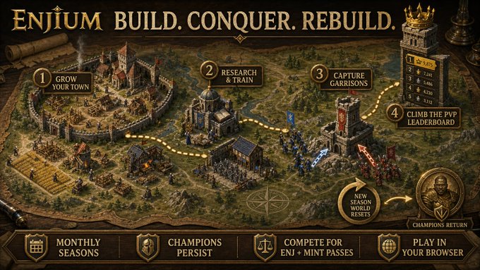 A promotional banner for a game called 'ENJIUM' with the tagline 'BUILD. CONQUER. REBUILD,' showing game progression steps including 'GROW YOUR TOWN,' 'RESEARCH & TRAIN,' 'CAPTURE GARRISONS,' and 'CLIMB THE PVP LEADERBOARD.'