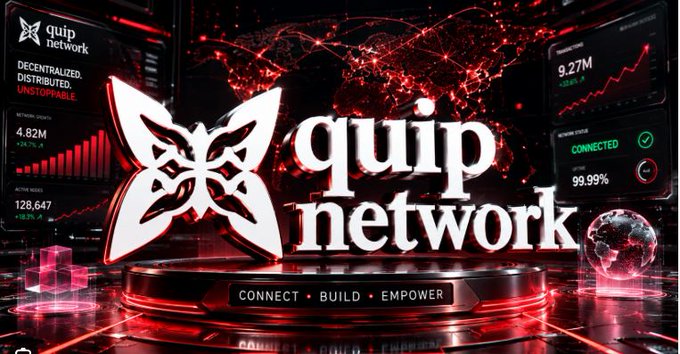 Promotional graphic for 'quip network' with a butterfly logo on a stage, surrounded by screens showing data like '9.27M' and '99.99%', with the tagline 'CONNECT • BUILD • EMPOWER'.