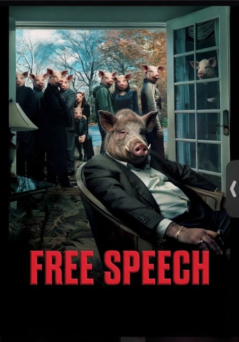 A satirical image titled 'FREE SPEECH' depicting a man with a pig's head sitting in a chair while a crowd of people with pig faces stands in a doorway behind him.