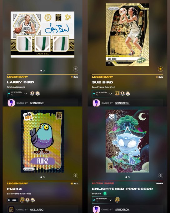 A grid of four digital collectible cards: Larry Bird and Sue Bird (Legendary), Flokz (Legendary), and Enlightened Professor (Ultra Rare), all owned by 'SPINOTRON' or 'OXS_AFDQ'.