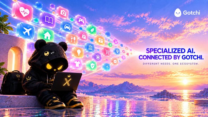 Promotional graphic for Gotchi featuring a black bear-like character in a hoodie working on a laptop, with the text 'SPECIALIZED AI. CONNECTED BY GOTCHI.' and 'DIFFERENT NEEDS. ONE ECOSYSTEM.'