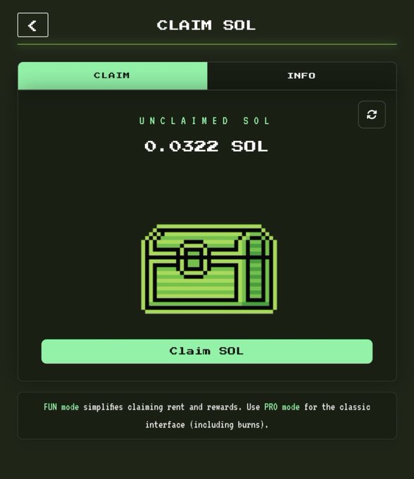 A mobile app interface titled "CLAIM SOL" shows an "UNCLAIMED SOL" balance of 0.0322 SOL above a pixel-art treasure chest and a "Claim SOL" button.