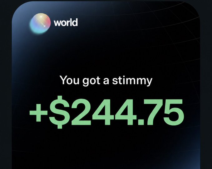 The image displays a World app notification showing "You got a stimmy +$244.75" against a dark background with the World logo at the top. This visually confirms the post's claim of receiving a $244.75 World Trade & Earn reward, prompting viewers to check their own accounts via the provided referral link.