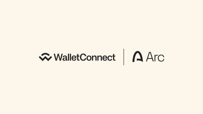 The image displays the logos of "WalletConnect" and "Arc" side by side on a cream background, separated by a vertical line, visually representing the partnership announcement. This aligns with the post about WalletConnect supporting Arc's newly launched Layer-1 blockchain for stablecoin and crypto finance.