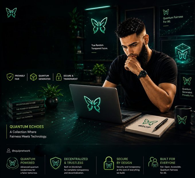 A promotional banner for 'QUIP Network' featuring a man working on a laptop with a glowing green butterfly logo, surrounded by text like 'Quantum Echoes', 'PROVABLY FAIR', and '@squipnetwork'.