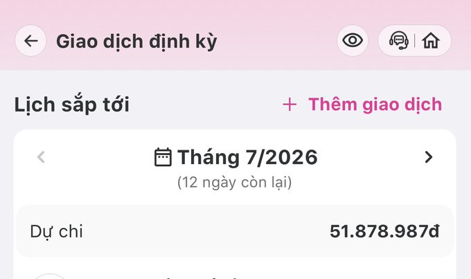 A Vietnamese banking app screen showing scheduled transactions for July 2026 (Tháng 7/2026), with estimated expenses (Dự chi) of 51.878.987đ and 12 days remaining.