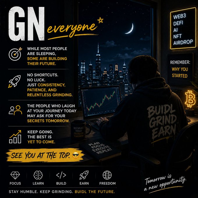 The image features a man sitting at a desk with a laptop, working on a project or analyzing data. The background of the image shows a city skyline at night, creating an urban atmosphere around the workspace. The text "GN Everyone" is written in yellow above the man's head, and there are several other texts related to Bitcoin and cryptocurrency throughout the image.