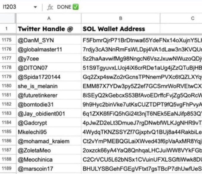 A Google Sheets spreadsheet displaying rows of Twitter handles alongside their corresponding SOL wallet addresses, with handles like @DanM_SYN, @globalmaster11, @y7cee, and @DITON07 visible, illustrating collected entries for the $ZAN team's airdrop address collection form.