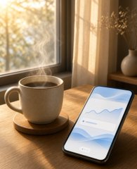 A smartphone displaying a stock chart sits on a wooden table next to a steaming cup of coffee, with warm sunlight streaming through a nearby window.