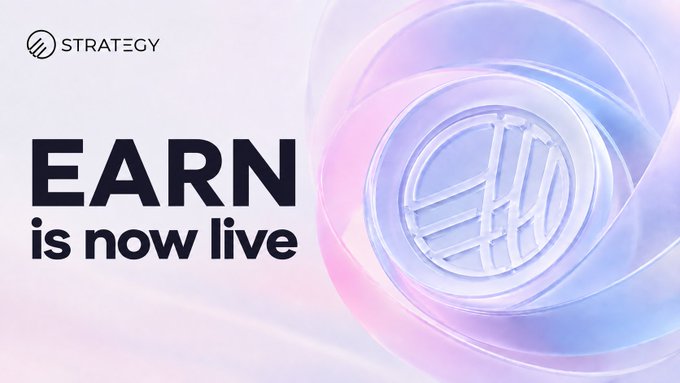 A promotional graphic with a light purple and pink abstract sphere design, displaying the Strategy logo and the text 'EARN is now live'.