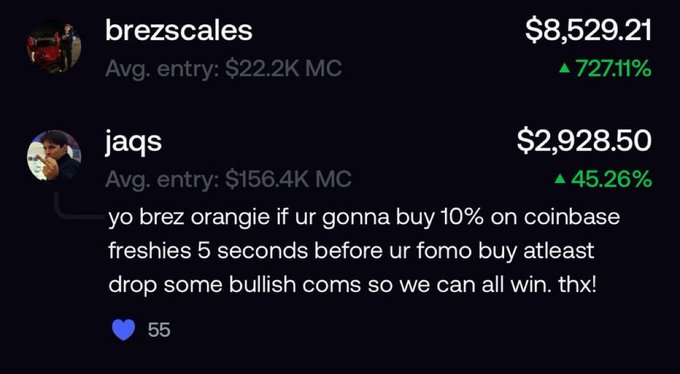 A screenshot showing portfolio holdings for users 'brezscales' ($8,529.21, +727.11%) and 'jaqs' ($2,928.50, +45.26%), with a comment reading 'yo brez orange if ur gonna buy 10% on coinbase freshies 5 seconds before ur fomo buy atleast drop some bullish coms so we can all win. thx!'