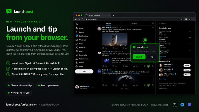 An advertisement for a 'launchpost' Chrome extension explains how to 'Launch and tip from your browser' on any X post, showing a screenshot of the extension in use.