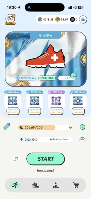 A mobile app screen titled 'Walker' displays a red shoe graphic with a Swiss flag over a floral background, showing stats like '117739496', 'Lv 20', and a green 'START' button below countdown timers.