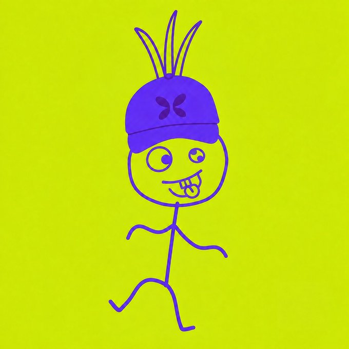 A simple purple line drawing on a bright yellow-green background depicts a whimsical character with antennae, a flower-marked cap, uneven eyes, a playful tongue, and stick-like limbs.