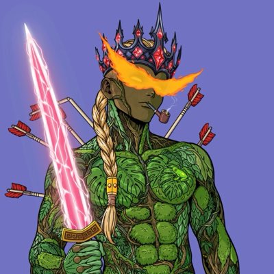 An illustration of a muscular, green, vine-covered humanoid character with glowing orange hair, wearing a crown and holding a glowing pink sword, with arrows protruding from its back.