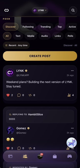 A screenshot of the LYNK social media app feed showing posts from official accounts including 'Weekend plans? Building the next version of LYNK. Stay tuned.'