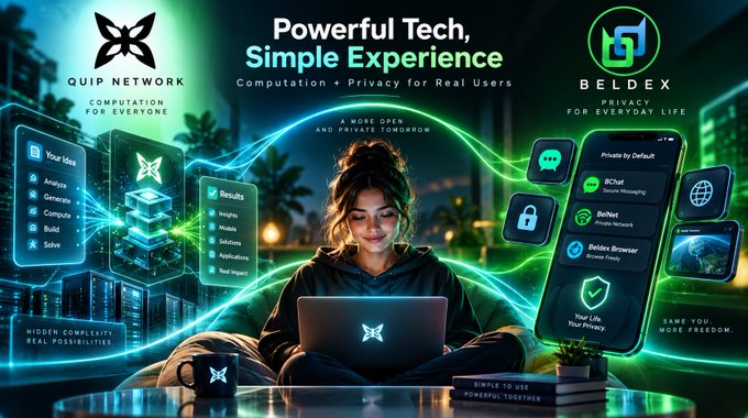 Promotional graphic with the text "Powerful Tech, Simple Experience - Computation + Privacy for Real Users," featuring logos for "QUIP NETWORK" and "BELDEX" alongside a young woman using a laptop.