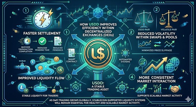 A large graphic on a gray background depicts a process of exchanging digital assets with stablecoins, depicted as three blue circles connected to each other through gold lines. The graphic also features various shapes representing different cryptocurrencies such as Bitcoins and Ethers, alongside symbols that convey market activity like dollar signs, price graphs, and trading pairs.